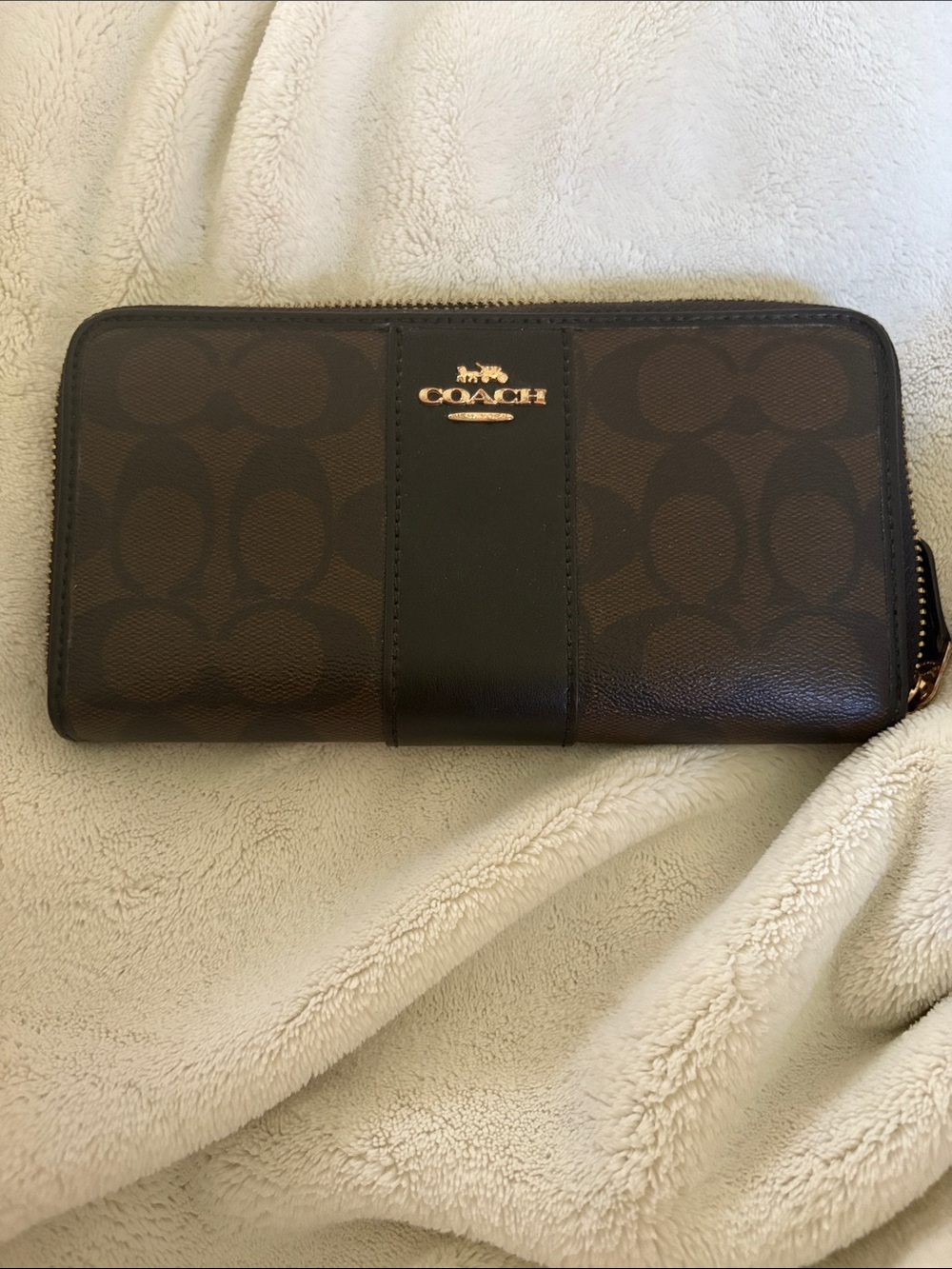 Coach Brown Signature Zip Wallet with Gold Hardware